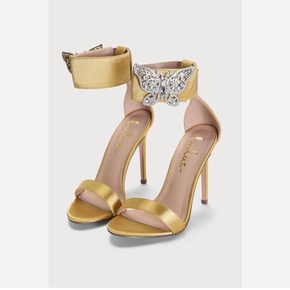Lulus Shoes - Lulus Mariahh Pear Satin Rhinestone Butterfly Ankle Strap Heels size 6.5